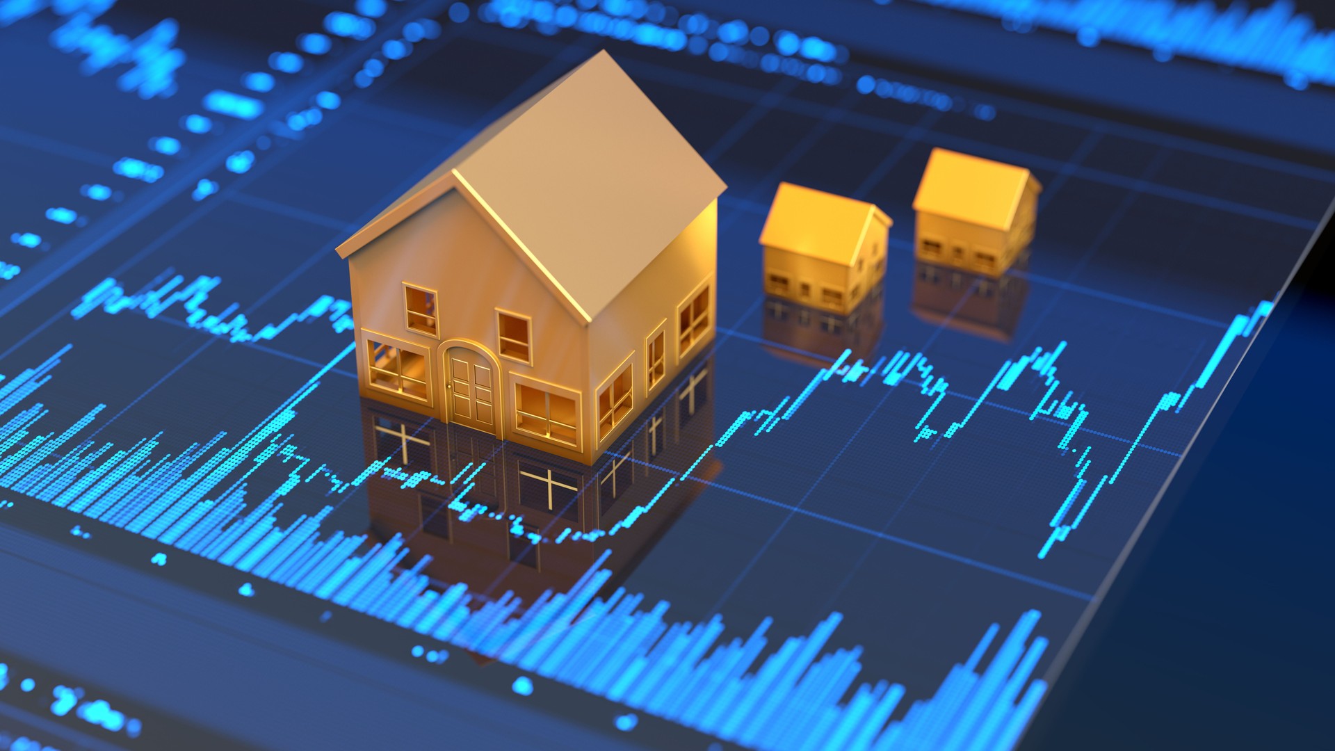 House model on digital display . Real estate Business Trends Graphs and charts.